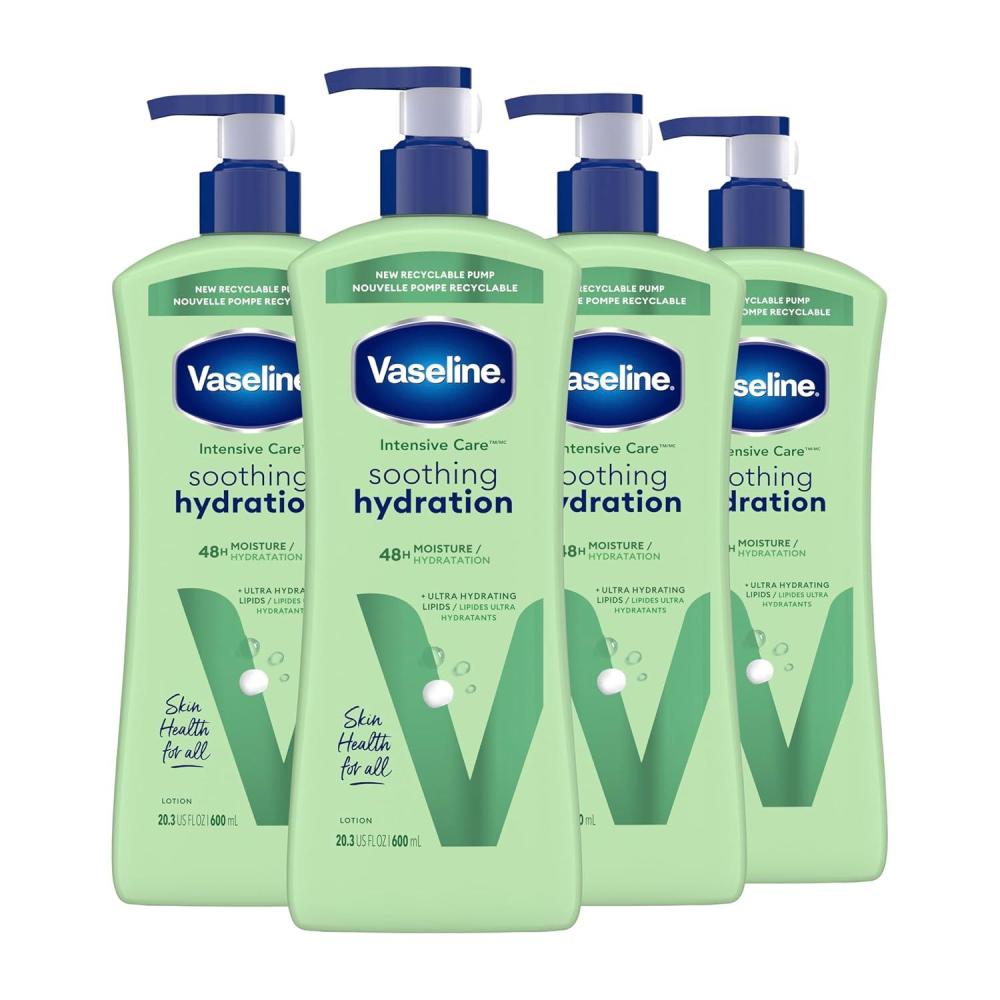 imageVaseline Intensive Care Body Lotion 4 Count Soothing Hydration for Dry Skin with UltraHydrating Lipids  1 Aloe Vera Extract to Refresh Dehydrated Skin 203 Oz203 Fl Oz Pack of 4
