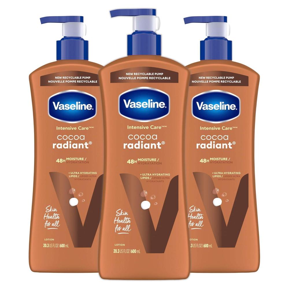 imageVaseline Intensive Care Body Lotion Cocoa Radiant 4 Count for Dry Skin Lotion Made with UltraHydrating Lipids and Pure Cocoa Butter for a LongLasting Radiant Glow 203 Oz203 Fl Oz Pack of 3