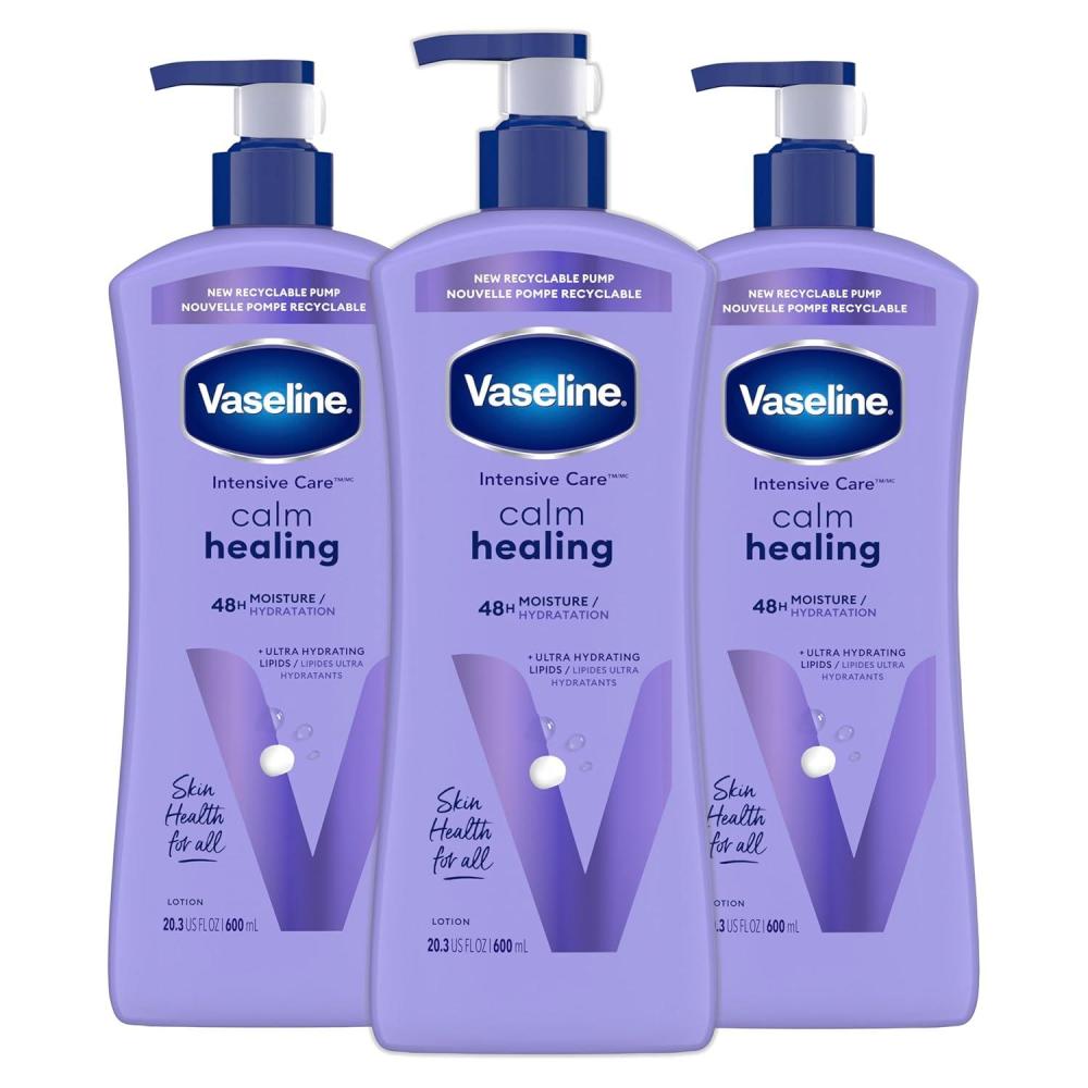 imageVaseline Intensive Care Calm Healing Body Lotion 4 Count for Dry Skin Lotion Made with UltraHydrating Lipids and Lavender Extract to Heal and Restore Dry Skin 203 Oz203 Fl Oz Pack of 3