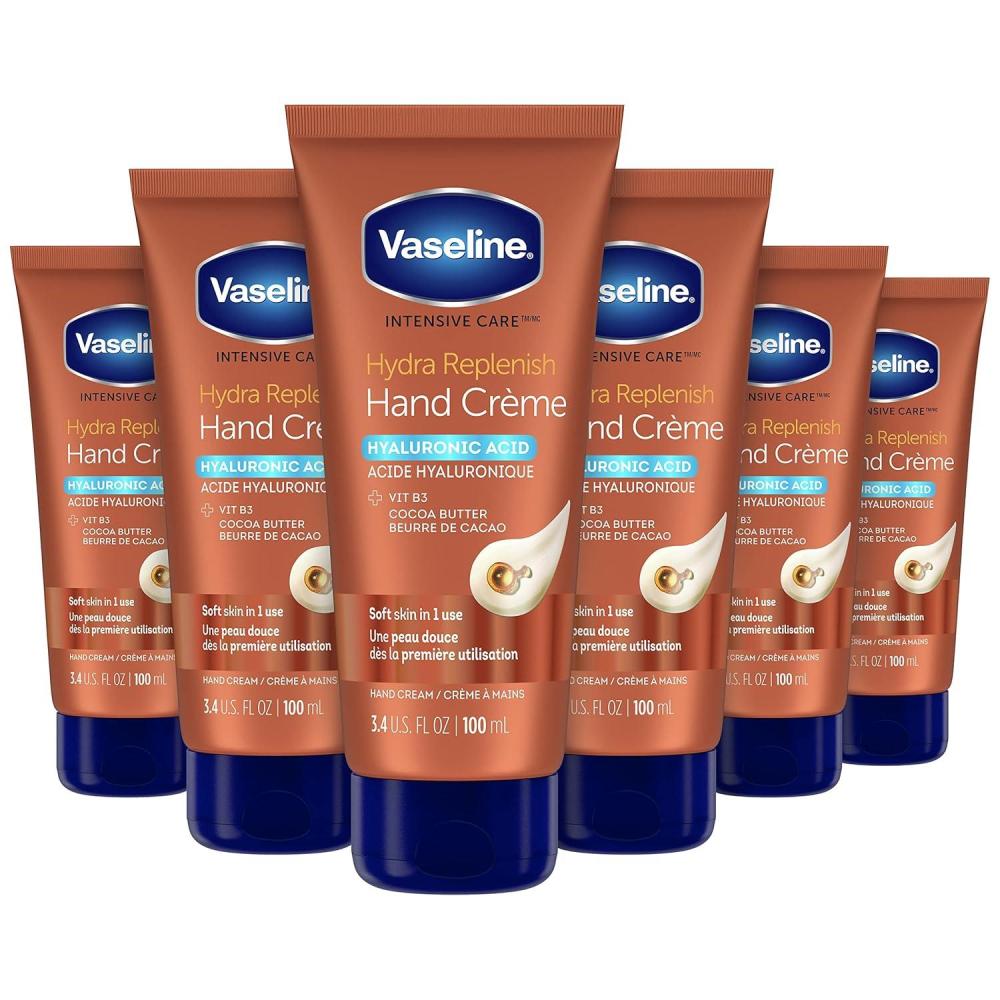 imageVaseline Intensive Care Hand Crme Moisturizer for Dry Hands Hydra Replenish Made with hyaluronic acid vitamin B3 and cocoa butter 34 oz 6 Count