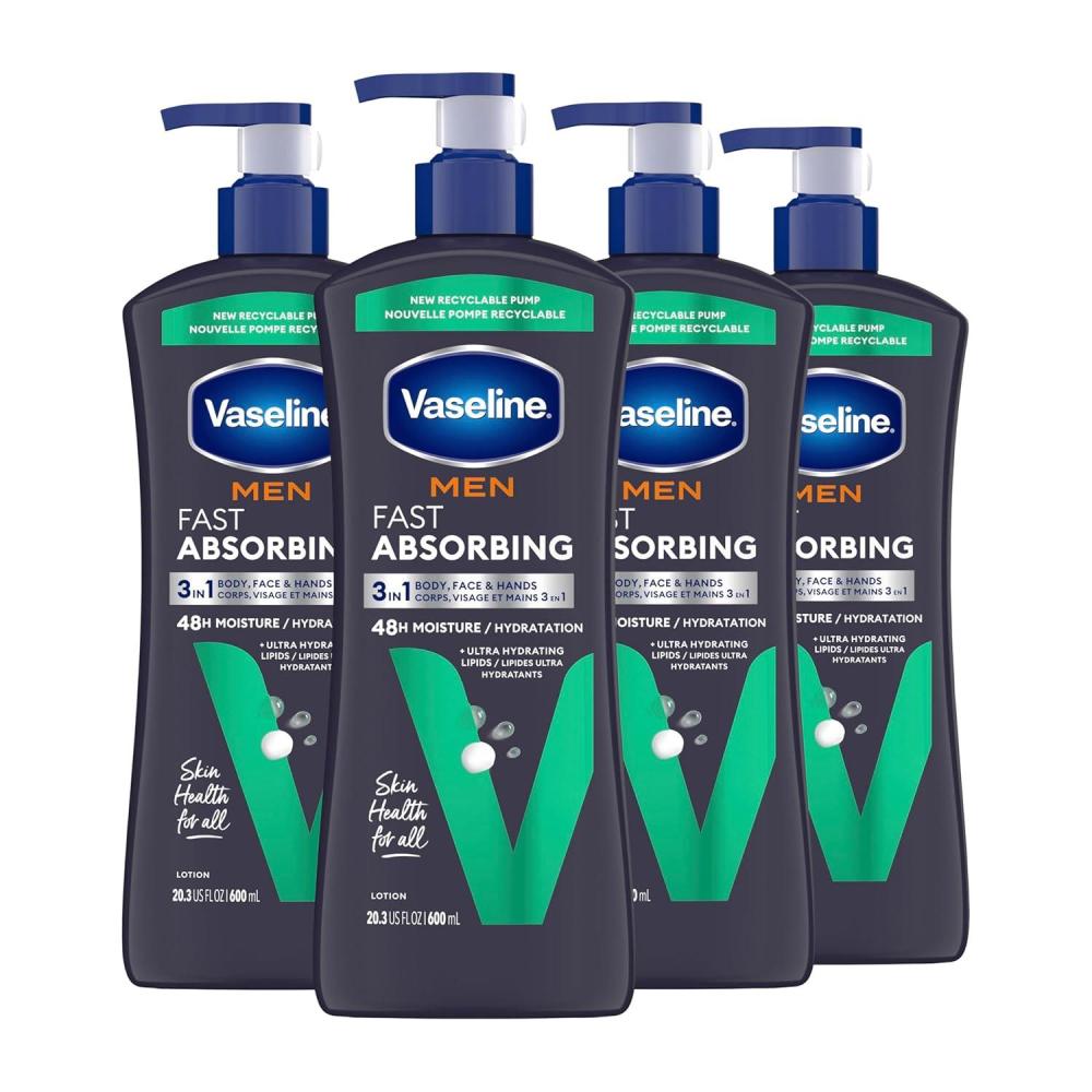 imageVaseline Men Fast Absorbing 3in1 Face Hands ampamp Body Lotion for Men 4 pack For Dry SkinAbsorbs in Just 15 Seconds for Moisturized Skin 203 Oz203 Fl Oz Pack of 4