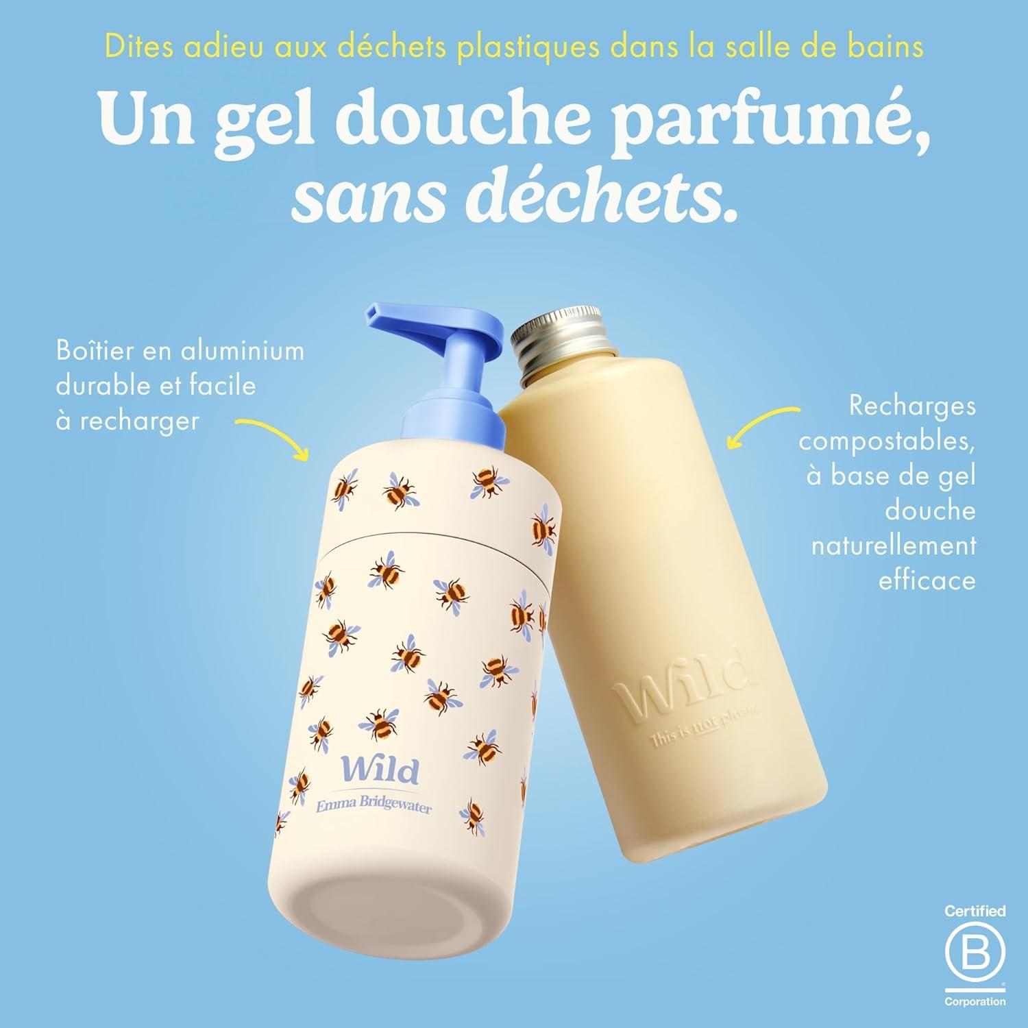 imageWild Lot de Gels Douche Naturels Rechargeables Comprend un tui en Aluminium Imprim Abeille ampamp Lot de 3 Recharges de Gel Douche aux Parfums Diffrents Honey ampamp Almond Fresh Cotton ampamp Cherry Blossom