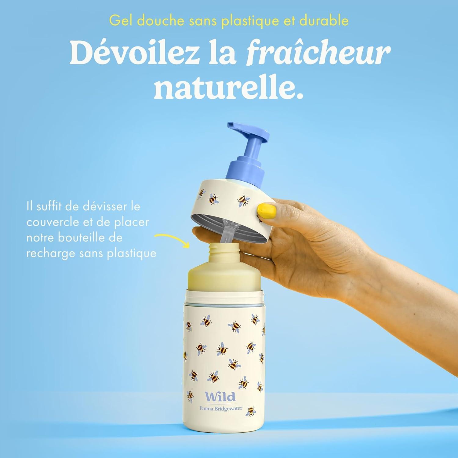 imageWild Lot de Gels Douche Naturels Rechargeables Comprend un tui en Aluminium Imprim Abeille ampamp Lot de 3 Recharges de Gel Douche aux Parfums Diffrents Honey ampamp Almond Fresh Cotton ampamp Cherry Blossom