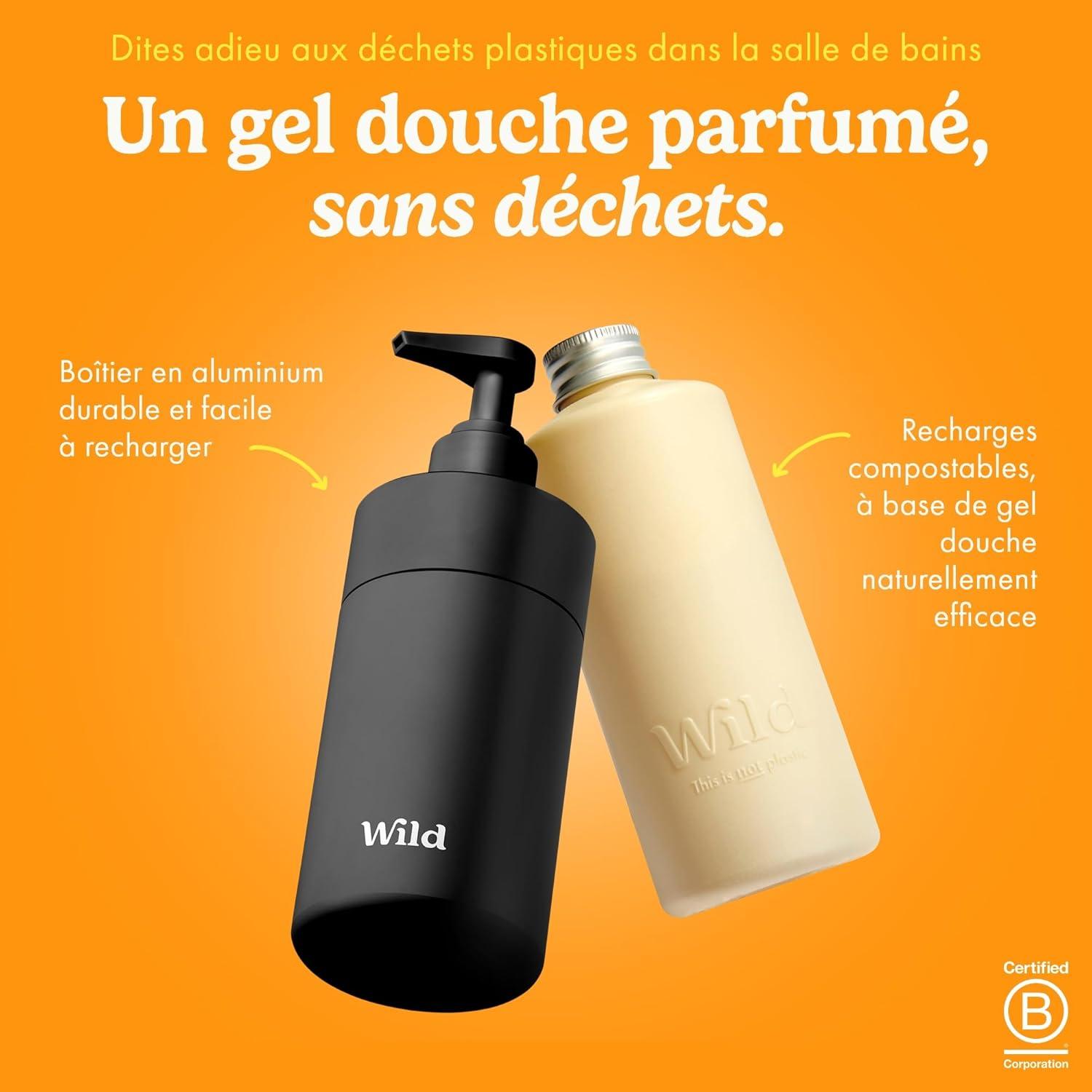 imageWild Lot de Gels Douche Naturels Rechargeables Comprend un tui en Aluminium Noir et Lot de 3 Recharges de Gel Douche aux Parfums Diffrents Coconut ampamp Vanilla Fresh Cotton et Energise