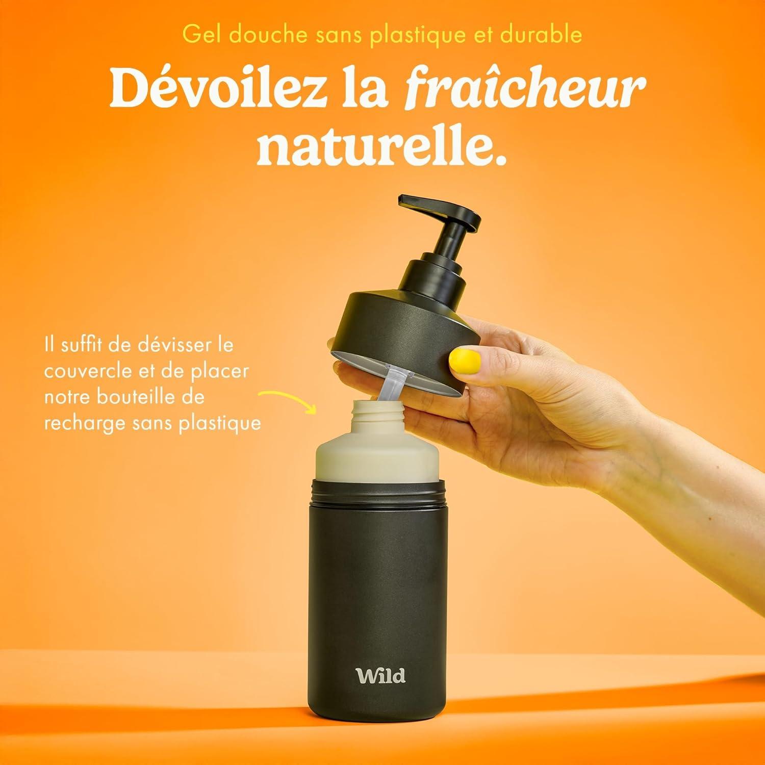 imageWild Lot de Gels Douche Naturels Rechargeables Comprend un tui en Aluminium Noir et Lot de 3 Recharges de Gel Douche aux Parfums Diffrents Coconut ampamp Vanilla Fresh Cotton et Energise