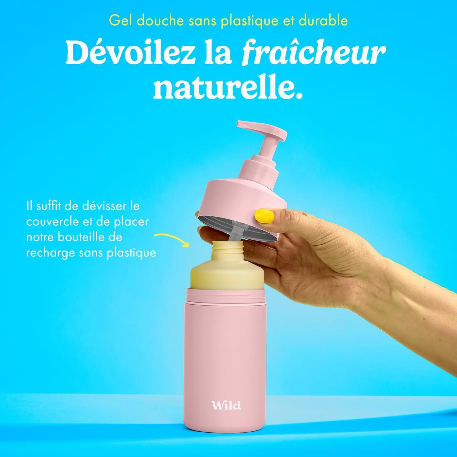 imageWild Lot de Gels Douche Naturels Rechargeables Comprend un tui en Aluminium Rose et Lot de 3 Recharges de Gel Douche aux Parfums Diffrents Honey ampamp Almond Amber ampamp Oud et Santorini Sunset