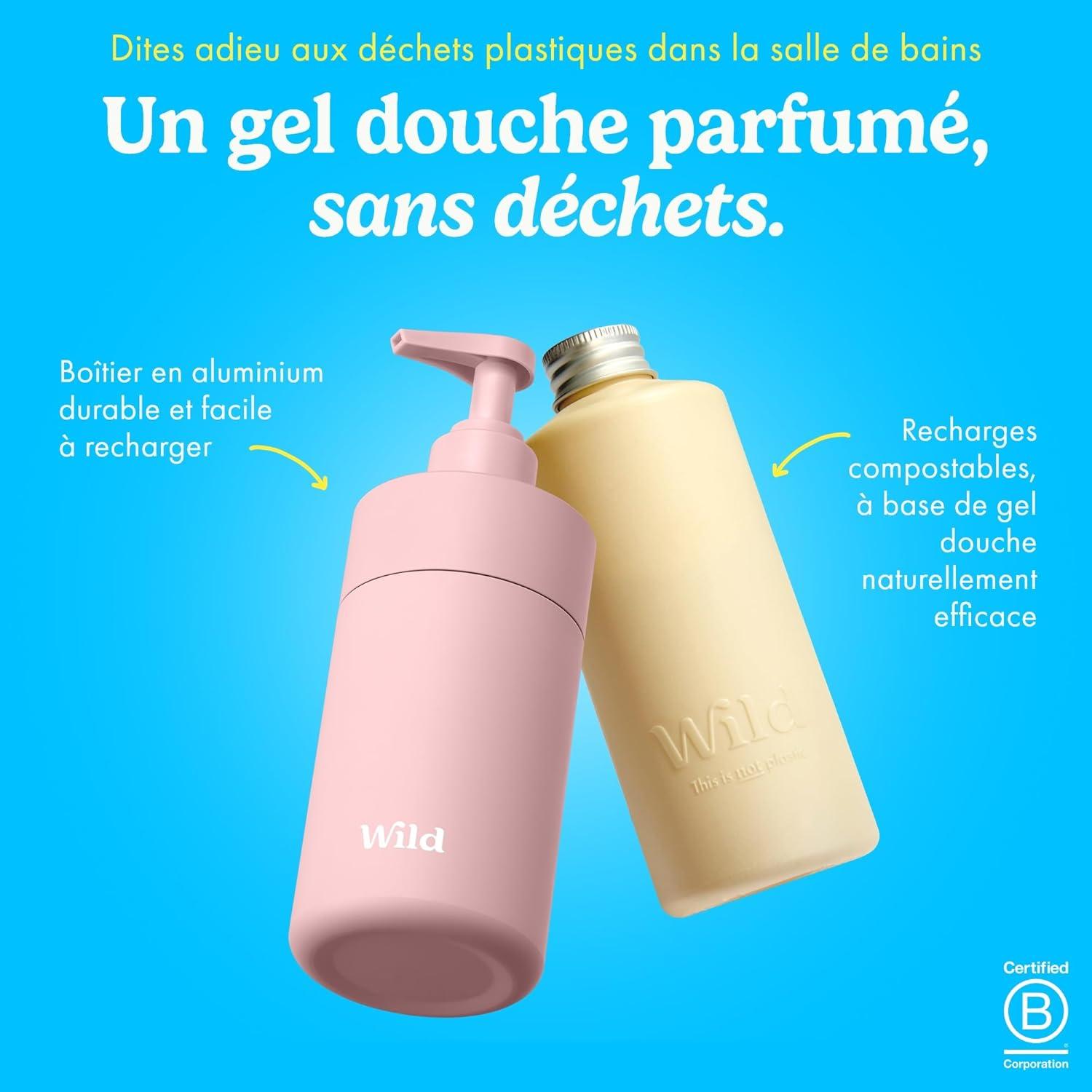 imageWild Lot de Gels Douche Naturels Rechargeables Comprend un tui en Aluminium Rose et Lot de 3 Recharges de Gel Douche aux Parfums Diffrents Honey ampamp Almond Amber ampamp Oud et Santorini Sunset