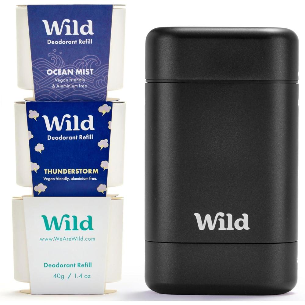 imageWild Dodorant Naturel Rechargeable Sans Aluminium Etui Noir avec Lot Vari de Recharge 3 x 40g Comprend Fresh Cotton ampamp Sea Salt Ocean Mist et Thunderstorm Vgan