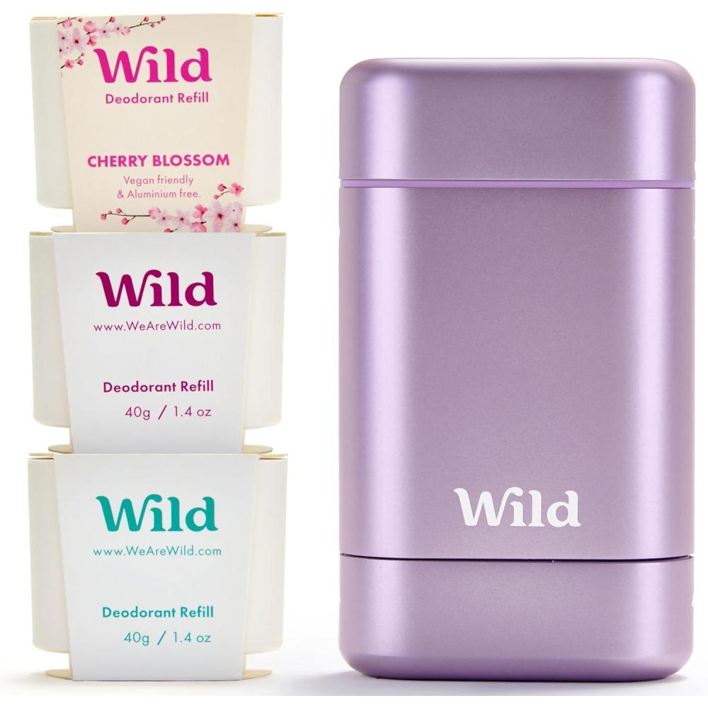 imageWild Dodorant Naturel Rechargeable Sans Aluminium Etui Violet avec Lot Vari de Recharge 3 x 40g Comprend Fresh Cotton ampamp Sea Salt Cherry Blossom et Coconut ampamp Vanilla VganFrache Lot Vari de Recharge