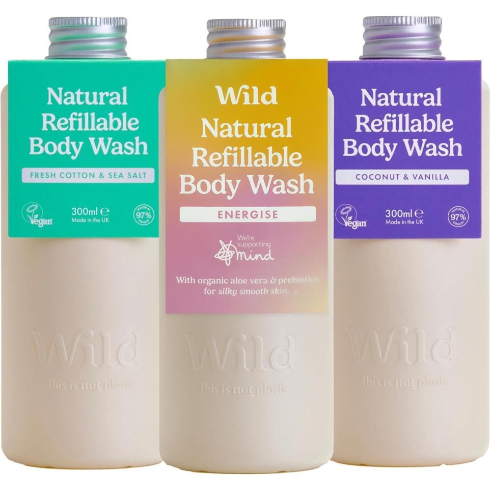 imageWild Gel Douche Naturel Rechargeable 300ml Lot de 3 Gels Douche Rechargeables aux Parfums Diffrents Coconut ampamp Vanilla Fresh Cotton et EnergiseLot catgorie Energise