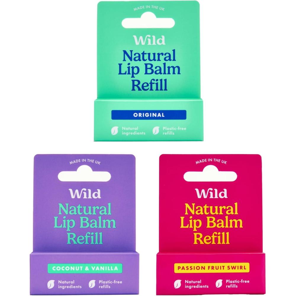 imageWild Baume Lvres Naturel Rechargeable Lot de 3 Recharges de Baume Lvres aux Parfums Diffrents Passionfruit Swirl Original et Coconut ampamp Vanilla Sans Cire DAbeilleEssentiel Lot Vari de Recharge