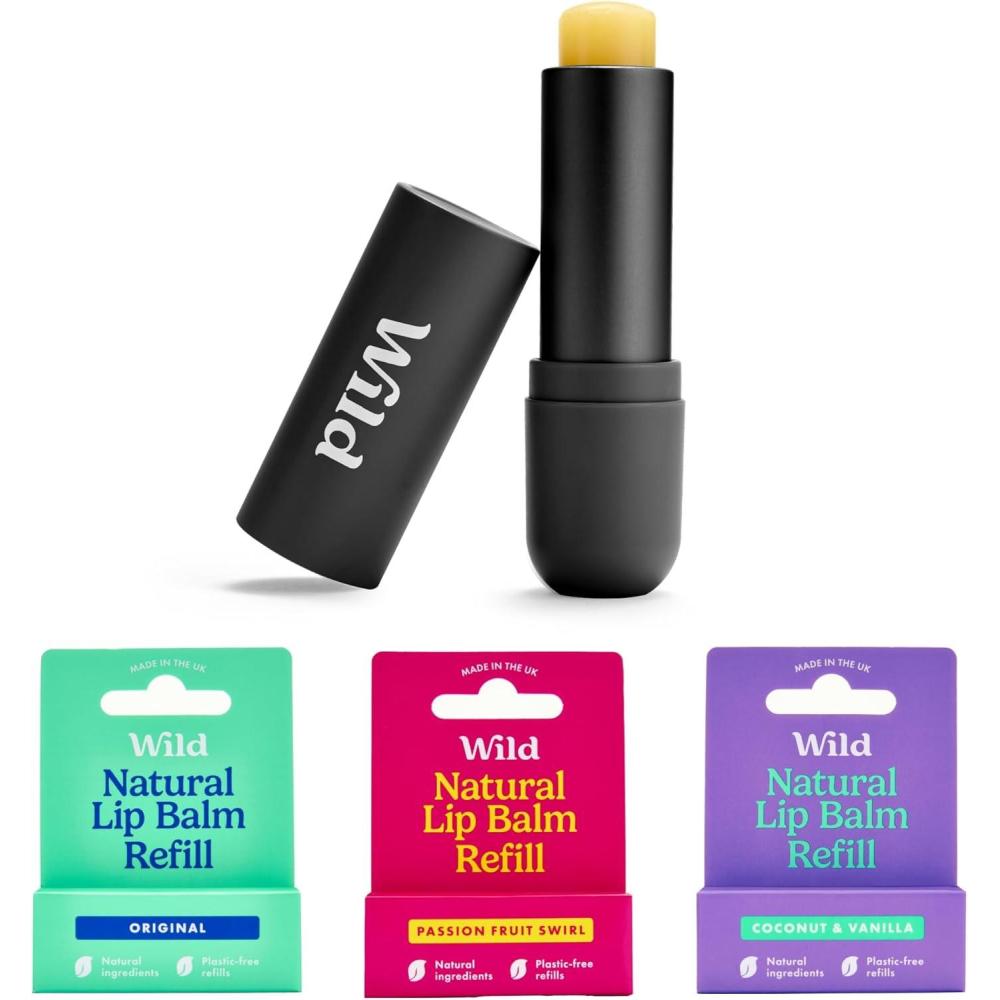 imageWild Lot de Baumes Lvres Naturels Rechargeables Comprend un tui en Aluminium Noir ampamp Lot de 3 Recharges de Baume Lvres aux Parfums Diffrents Passionfruit Swirl Original Coconut ampamp Vanilla