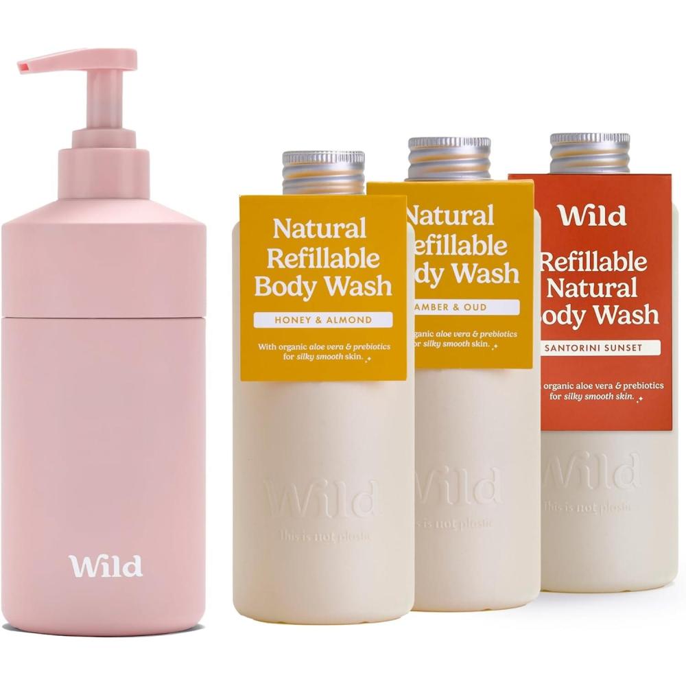 imageWild Lot de Gels Douche Naturels Rechargeables Comprend un tui en Aluminium Rose et Lot de 3 Recharges de Gel Douche aux Parfums Diffrents Honey ampamp Almond Amber ampamp Oud et Santorini Sunset