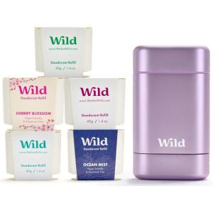 Wild – Déodorant Naturel Rechargeable – Etui Violet avec Lot Varié de Recharge – Comprend Cotton & Sea Salt, Cherry Blossom, Coconut & Vanilla, Mint & Aloe Vera et Ocean Mist(Lot catégorie Clean)