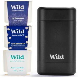 Wild – Déodorant Naturel Rechargeable – Sans Aluminium – Etui Noir avec Lot Varié de Recharge (3 x 40g) – Comprend Fresh Cotton & Sea Salt, Ocean Mist et Thunderstorm – Végan
