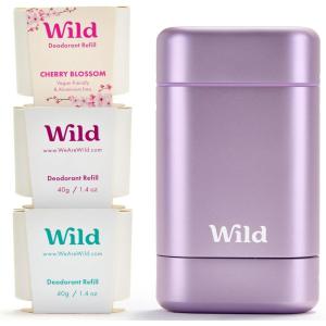 Wild – Déodorant Naturel Rechargeable – Sans Aluminium – Etui Violet avec Lot Varié de Recharge (3 x 40g) – Comprend Fresh Cotton & Sea Salt, Cherry Blossom et Coconut & Vanilla – Végan(Fraîche Lot Varié de Recharge)