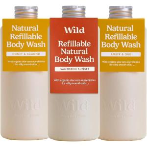 Wild – Gel Douche Naturel Rechargeable 300ml – Lot de 3 Gels Douche Rechargeables aux Parfums Différents – Coconut & Vanilla, Fresh Cotton et Energise(Lot catégorie Tropical)