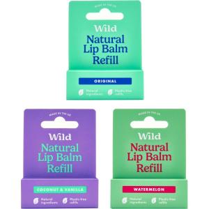 Wild Baume à Lèvres Naturel Rechargeable – Lot de 3 Recharges de Baume à Lèvres aux Parfums Différents – Passionfruit Swirl, Original et Coconut & Vanilla – Sans Cire D&rsquo;Abeille(Lot catégorie Classique)