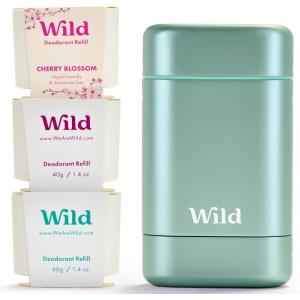 Wild Kit de Démarrage Déodorant Rechargeable Naturel avec Étui Aqua et Recharge Parfumée Pink Grapefruit & Lime (40g) – Sans Aluminium – Protection Longue Durée – Végan(Fraîche Lot Varié de Recharge)