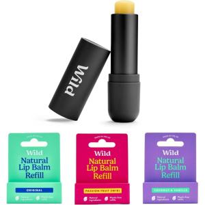 Wild Lot de Baumes à Lèvres Naturels Rechargeables – Comprend un Étui en Aluminium Noir & Lot de 3 Recharges de Baume à Lèvres aux Parfums Différents – Passionfruit Swirl, Original, Coconut & Vanilla
