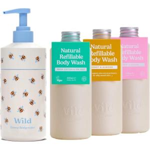Wild Lot de Gels Douche Naturels Rechargeables – Comprend un Étui en Aluminium Imprimé Abeille & Lot de 3 Recharges de Gel Douche aux Parfums Différents – Honey & Almond, Fresh Cotton & Cherry Blossom