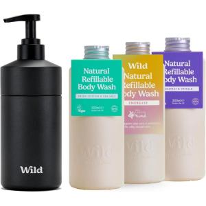 Wild Lot de Gels Douche Naturels Rechargeables – Comprend un Étui en Aluminium Noir et Lot de 3 Recharges de Gel Douche aux Parfums Différents – Coconut & Vanilla, Fresh Cotton et Energise