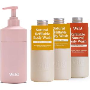 Wild Lot de Gels Douche Naturels Rechargeables – Comprend un Étui en Aluminium Rose et Lot de 3 Recharges de Gel Douche aux Parfums Différents – Honey & Almond, Amber & Oud et Santorini Sunset