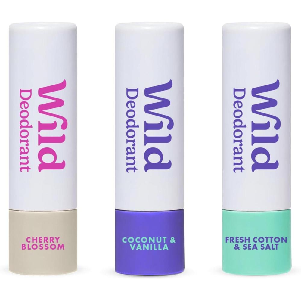 image:imageWild Lot de 3 minidodorants aux parfums Fresh Cotton amp Sea Salt Coconut amp Vanilla et Cherry Blossom  Format dessai idal pour les vacances et les voyages  Sans aluminium ni plastiqueCotton  Coconut  Cherry Blossom